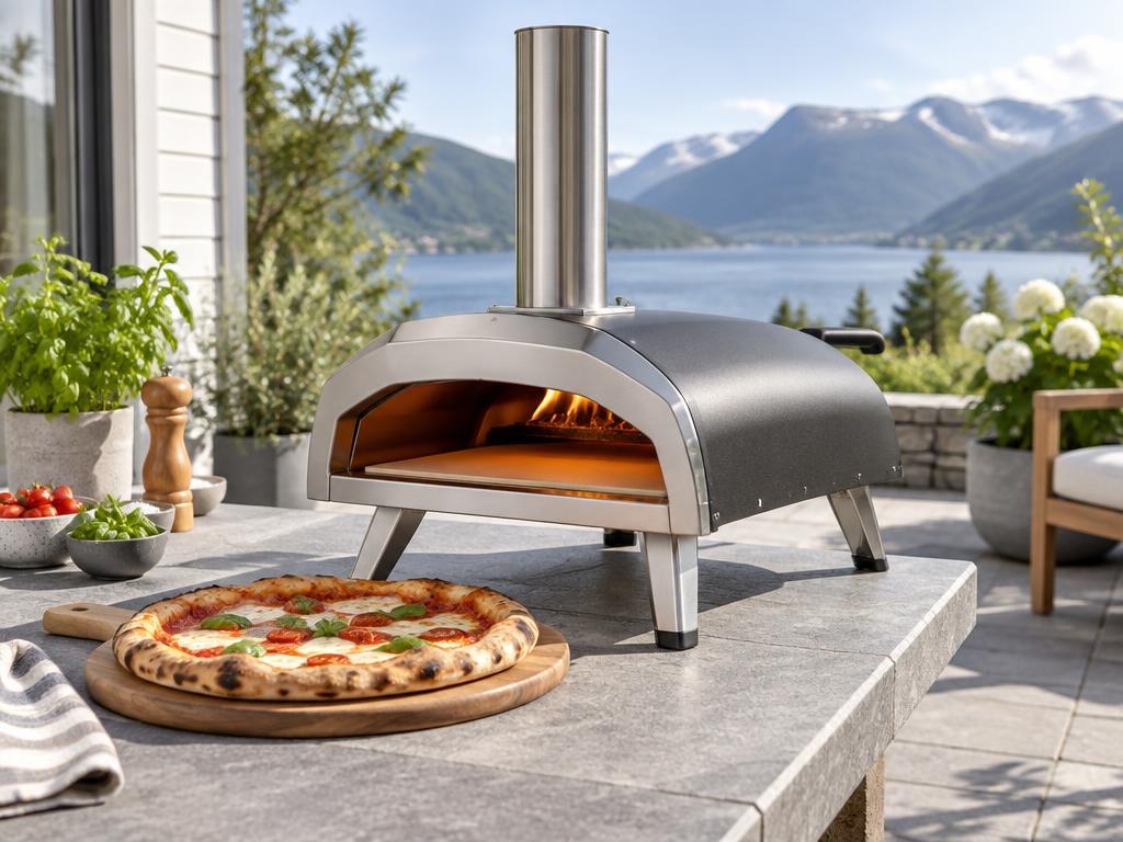 Pizzaovn med nystekt pizza på en uteplass