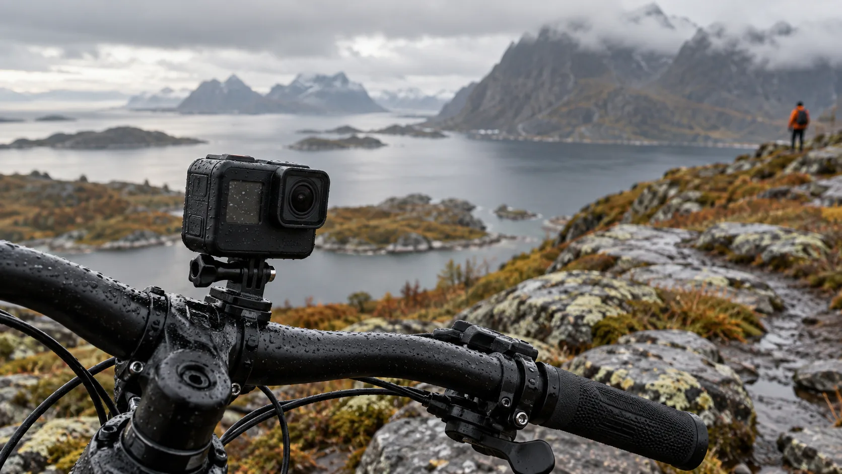 Generisk actionkamera festet på sykkelstyre ved norsk fjord i overskyet vær