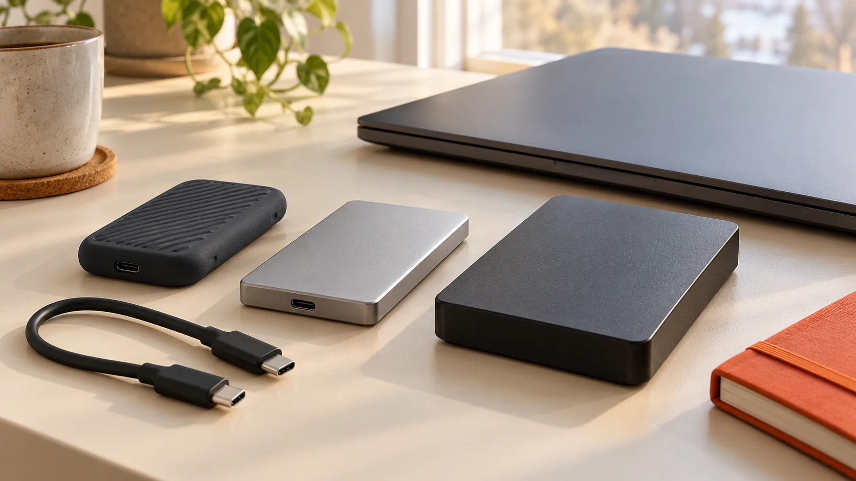 Tre generiske eksterne lagringsenheter og en USB-C-kabel på et lyst skrivebord