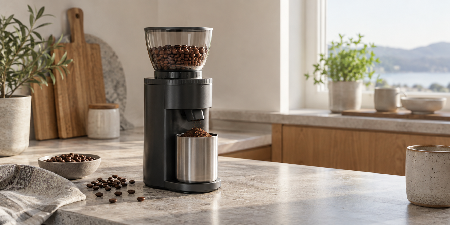 Elektrisk kaffekvern med hele bønner og malt kaffe på en kjøkkenbenk