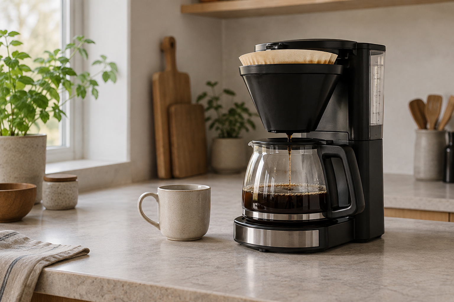 Sort filterkaffetrakter med glasskanne og en kopp på kjøkkenbenken