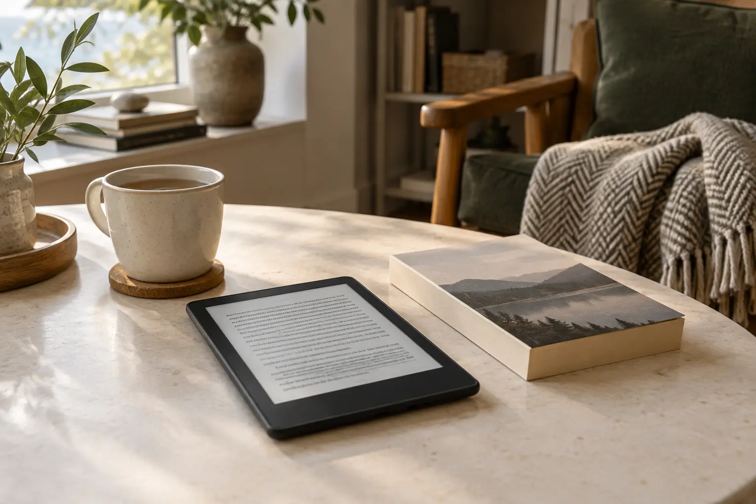 Et generisk lesebrett ved siden av en papirbok og kaffekopp på et lyst bord