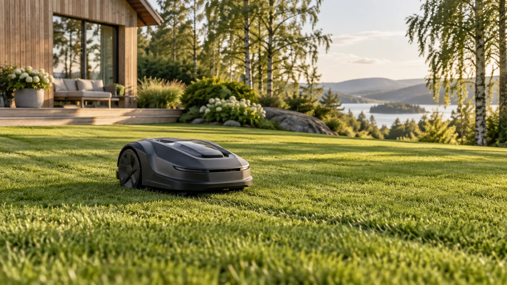 Illustrasjon av en anonym robotgressklipper på en grønn plen ved et skandinavisk hus