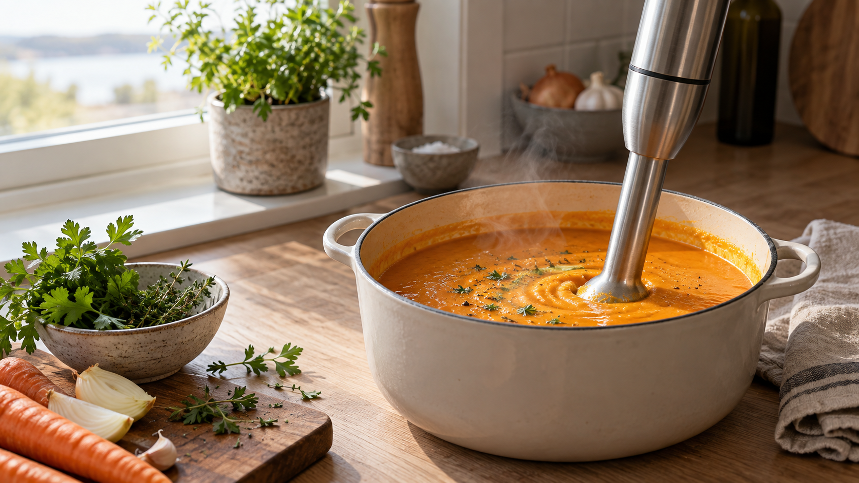 Stavmikser i en gryte med grønnsakssuppe på en kjøkkenbenk