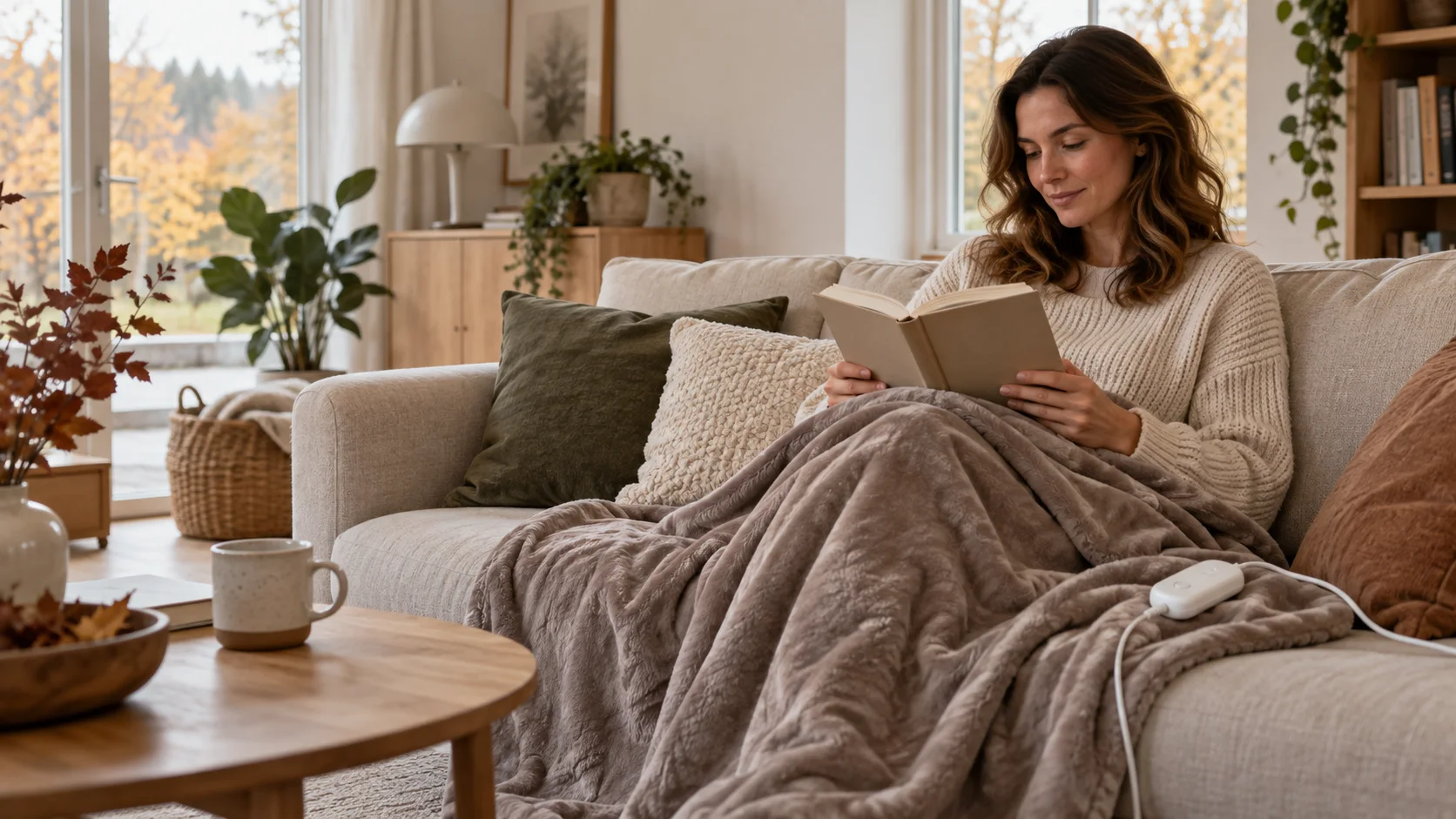 Person leser i sofaen med et generisk elektrisk varmepledd over bena