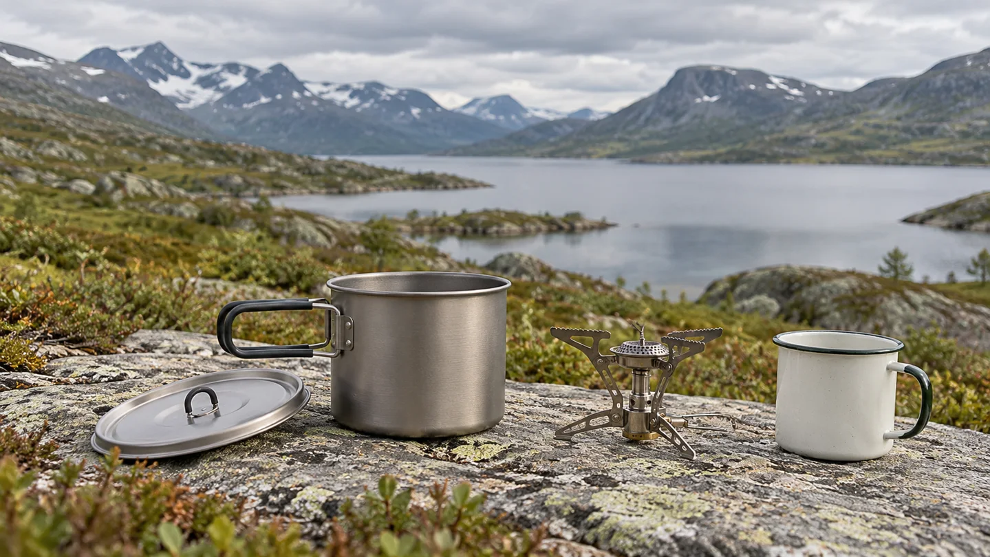 Generisk turkjele, lokk, frakoblet gassbrenner og kopp på en stein ved et fjellvann
